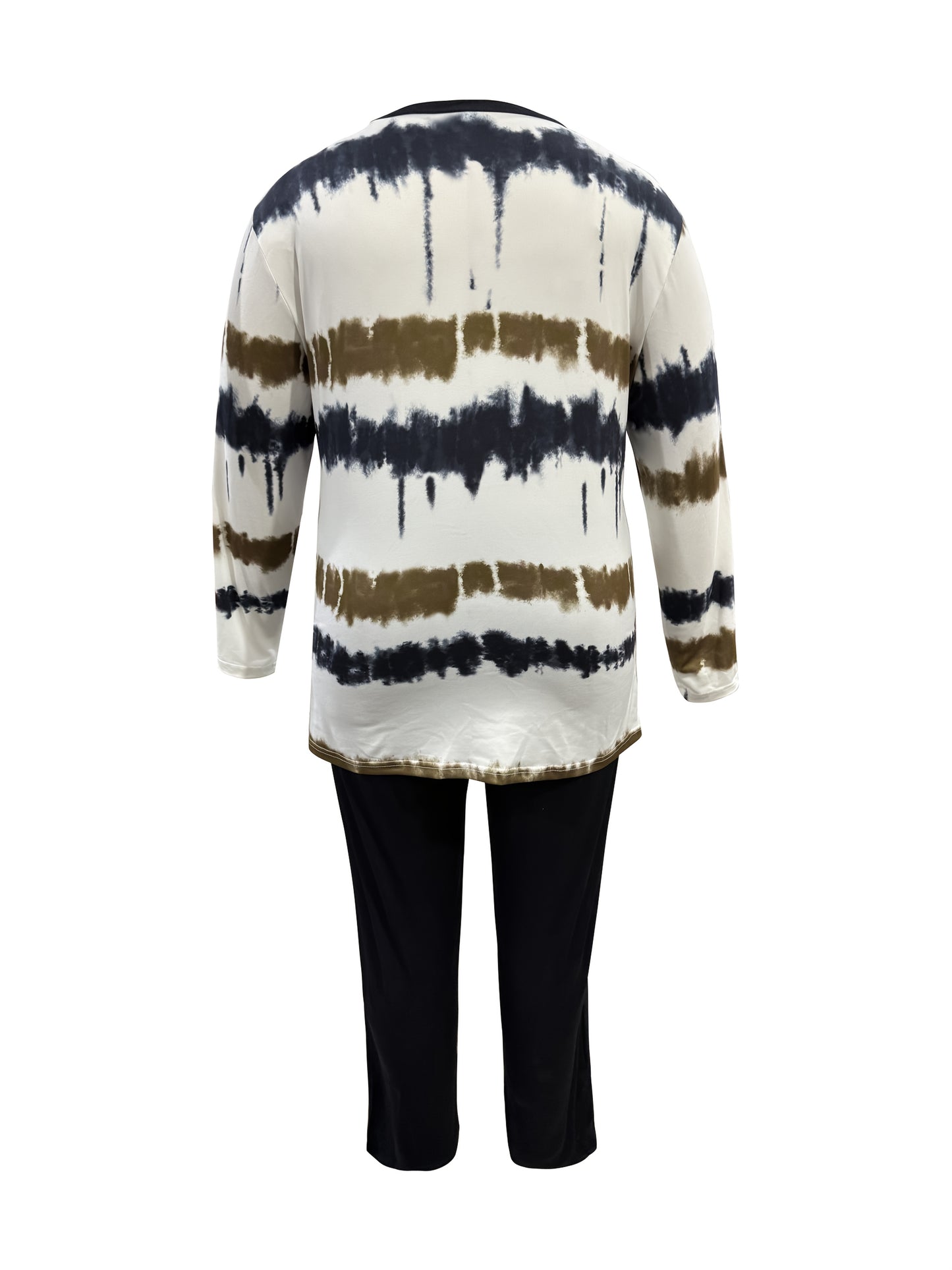 Plus Size - Plus-size Fashion Tie-dye Striped Print Long-sleeved Trousers Suit, Suitable For Going Out