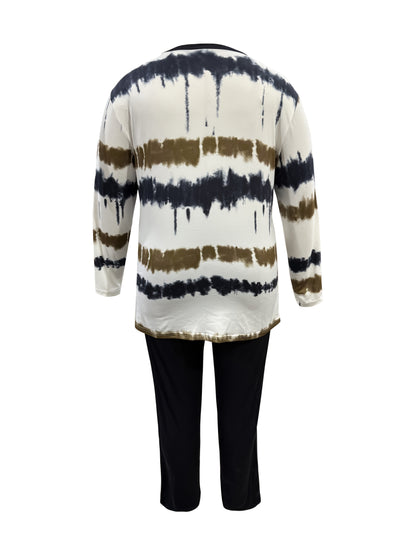 Plus Size - Plus-size Fashion Tie-dye Striped Print Long-sleeved Trousers Suit, Suitable For Going Out