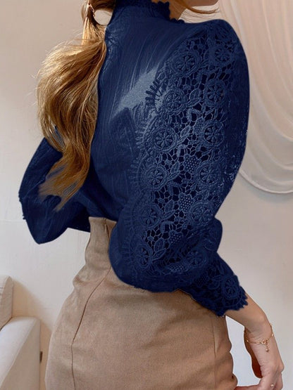French Elegance Shows Temperament Comfortable Loose Chic Button Heavy Lace Cutout Flower Patchwork Shirt -  For Women -  Suitable for Casual Wear - Perfect Gift for Fashion Lovers