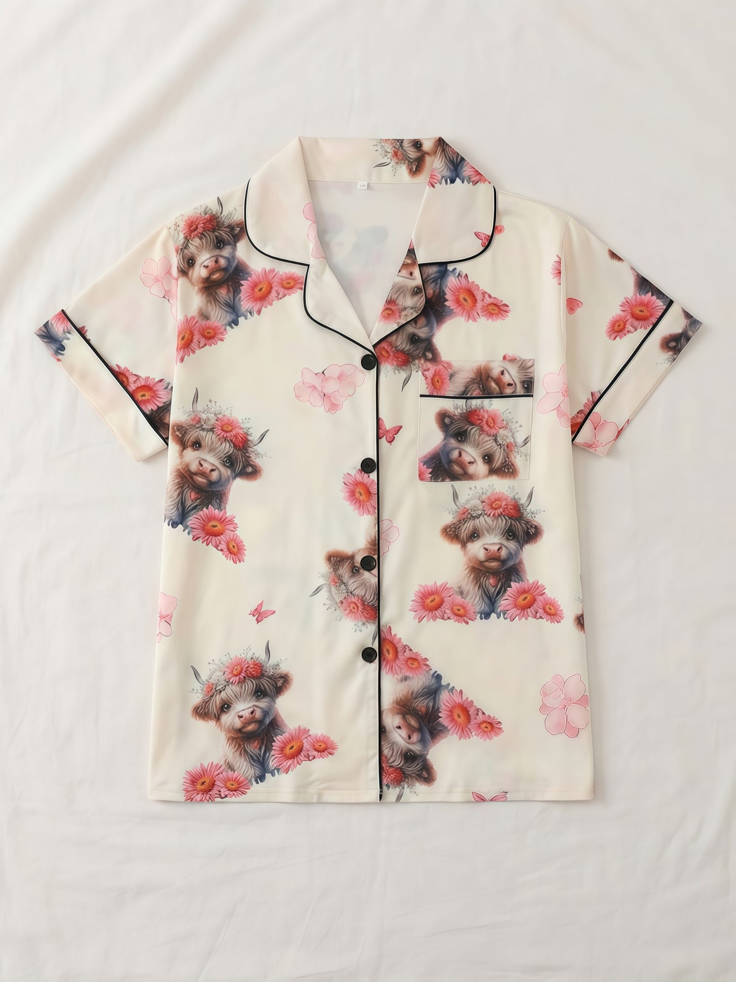 [3pcs Women's Pajama Set] 3pcs Casual Women's Pajama Set | Features A Lapel Collar, Short-sleeved Top with Button Closure, Paired with Shorts And Long Pants, Adorned with Floral And Cow Patterns. Comfortable Loungewear Suitable for All Seasons