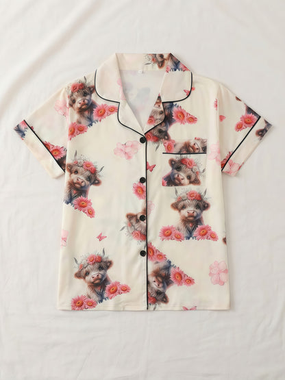 [3pcs Women's Pajama Set] 3pcs Casual Women's Pajama Set | Features A Lapel Collar, Short-sleeved Top with Button Closure, Paired with Shorts And Long Pants, Adorned with Floral And Cow Patterns. Comfortable Loungewear Suitable for All Seasons