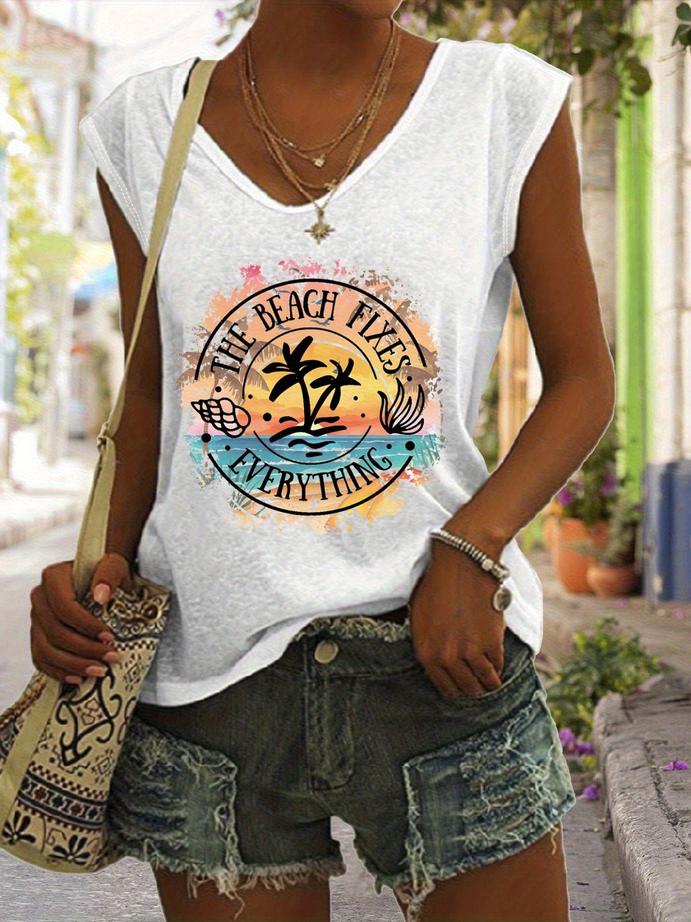 Casual Tank Top Featuring a Letter And Coconut Tree Design, Perfect for Summer And Spring with Cap Sleeves, Suitable for Women'S Wear