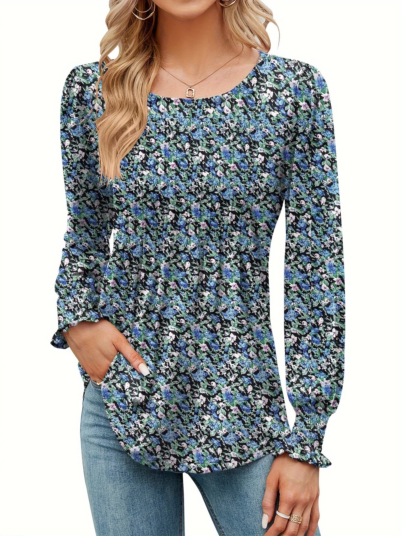 Women's Casual Fall Floral Round Neck Puff Sleeve Tunic Long Sleeve Top Pleated Loose And Versatile T-Shirt