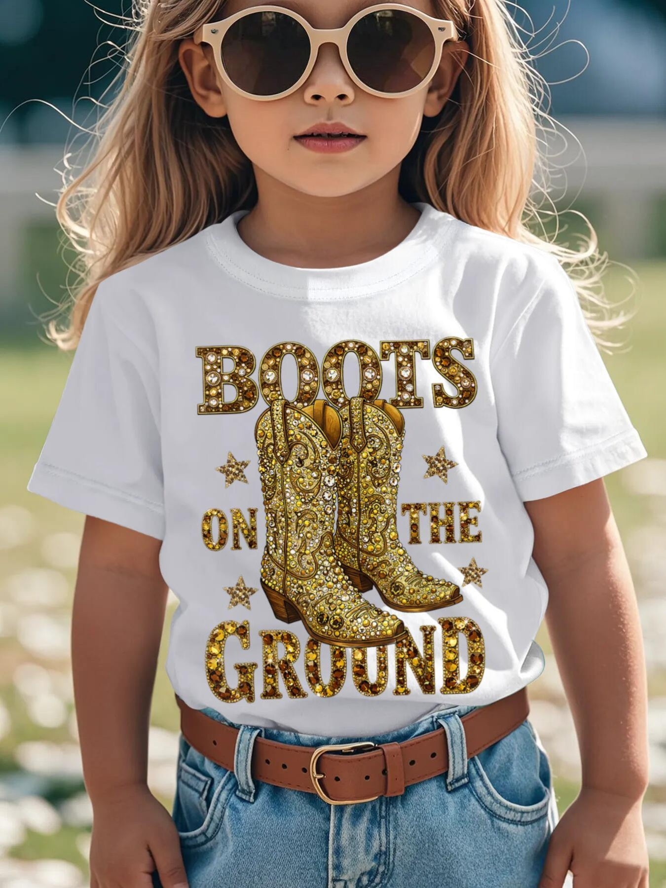 1pc New Summer Girl Boots on The Ground Design Short Sleeved 100% T-Shirt Comfy Casual Tees for Girls