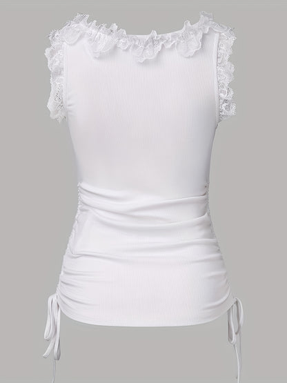 [Tank Top for Women] Solid Color Tank Top for Women, Featuring a Crew Neck with Contrasting Lace Accents, Side Drawstring, And Made from Fabric, Perfect for Spring And Summer Fashion