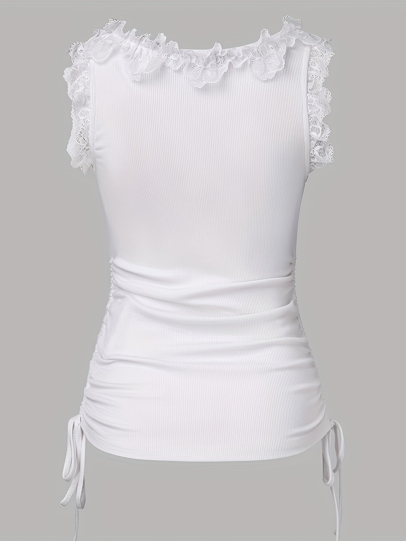 [Tank Top for Women] Solid Color Tank Top for Women, Featuring a Crew Neck with Contrasting Lace Accents, Side Drawstring, And Made from Fabric, Perfect for Spring And Summer Fashion