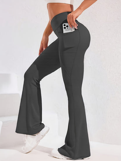 4pcs Women'S High Waist Bell Bottoms - Quick-Dry Tummy Control Butt Lifting Flare Leggings with Pockets, Casual Workwear Style, Solid Color, Fall/Winter Fashion, Comfortable & Stylish for Casual Attire, High Waisted Leggings, Winter Clothing, Flattering S