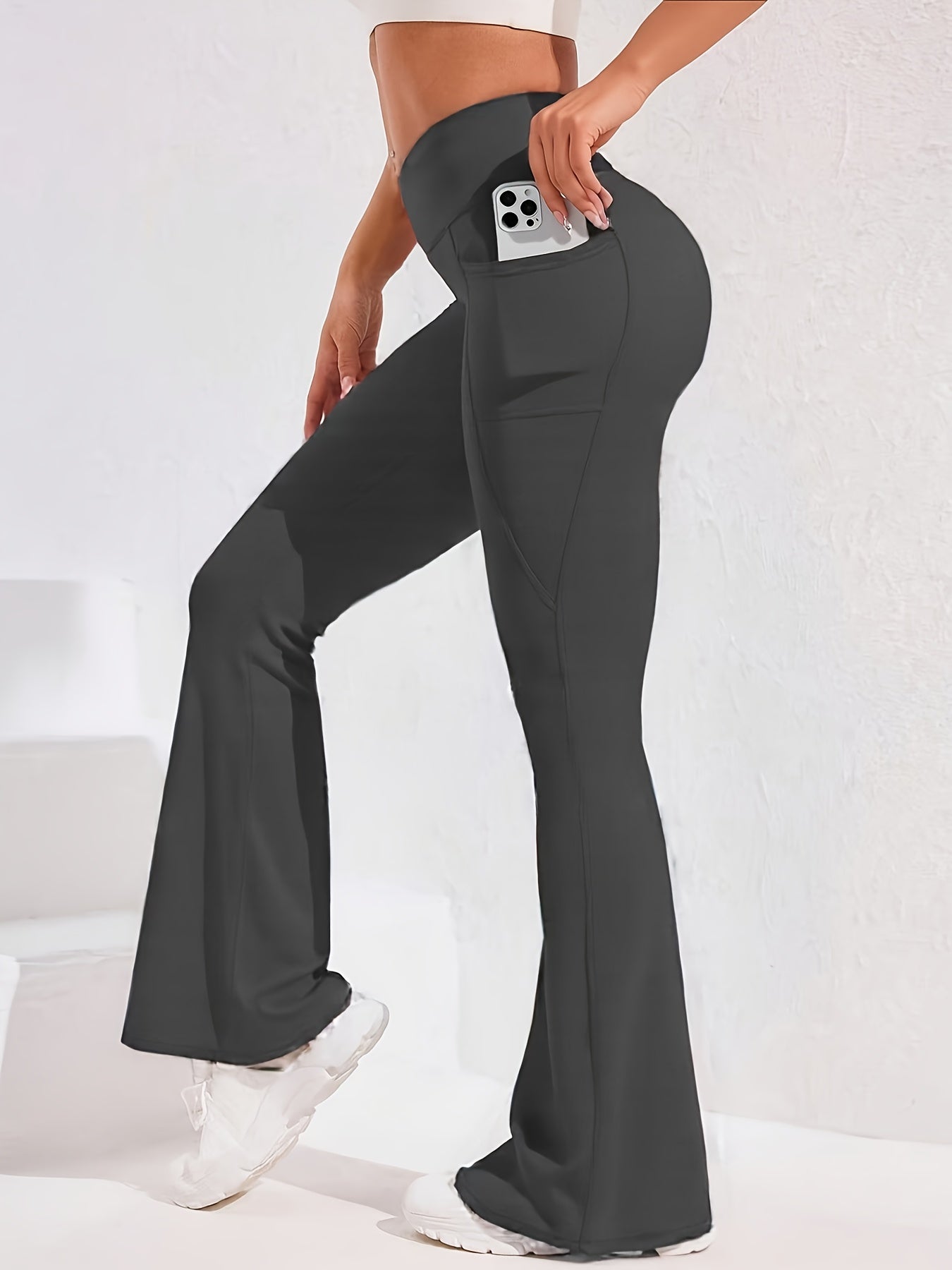 4pcs Women'S High Waist Bell Bottoms - Quick-Dry Tummy Control Butt Lifting Flare Leggings with Pockets, Casual Workwear Style, Solid Color, Fall/Winter Fashion, Comfortable & Stylish for Casual Attire, High Waisted Leggings, Winter Clothing, Flattering S