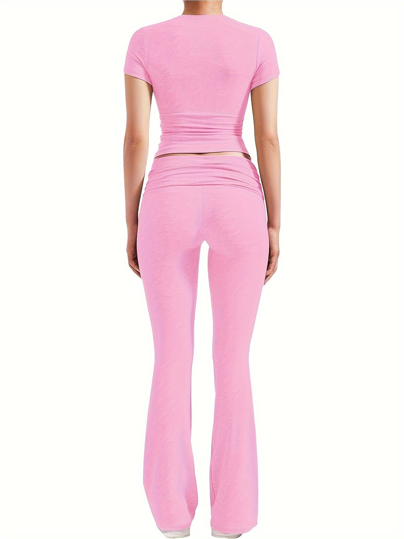 Casual Solid Color Slim Two-piece Pants Set, Short Sleeve Crew Neck T-shirt & Skinny Flared Leg Pants Outfits, Women'S Clothing