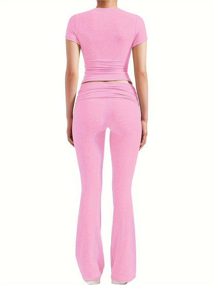 Casual Solid Color Slim Two-piece Pants Set, Short Sleeve Crew Neck T-shirt & Skinny Flared Leg Pants Outfits, Women'S Clothing