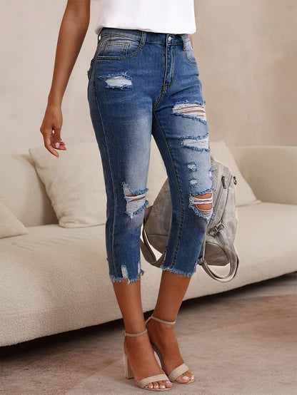 Women's High-Waisted Stretch Denim Capri Pants - Mid-Rise Slim Fit Straight-Leg Ripped Jeans with Distressed Details, Machine Washable Streetwear Style for All-Season Casual Wear