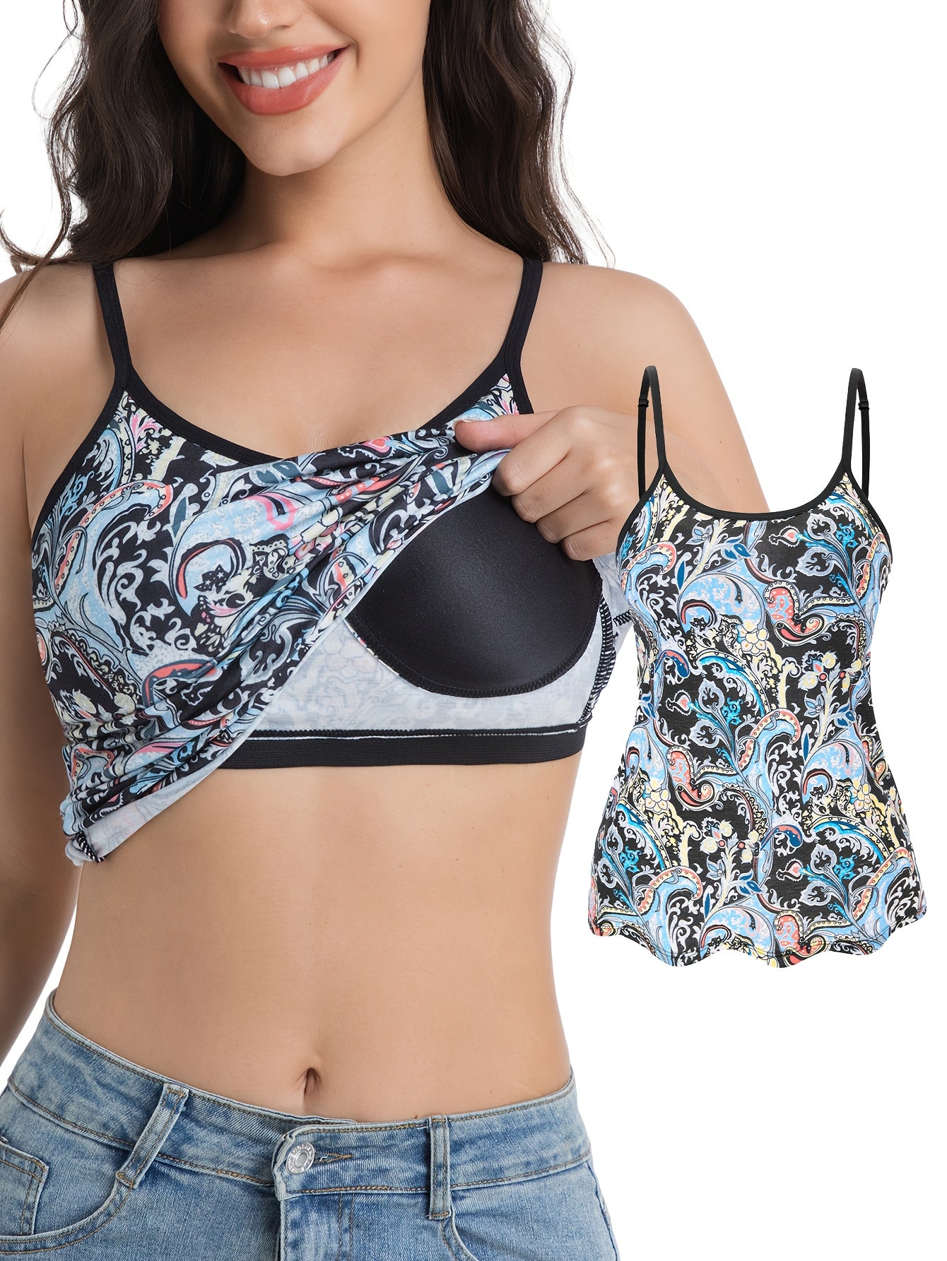 Women's Sleeveless Built-In Bra Tops - Adjustable Spaghetti Strap Layering Tanks/Pajamas, Breathable And Comfortable In Ultra-Soft Seamless Fabric, Ideal for Fall Winter Layering, Perfect for Casual, Formal, Occasions(Black, Turquoise, Orange)