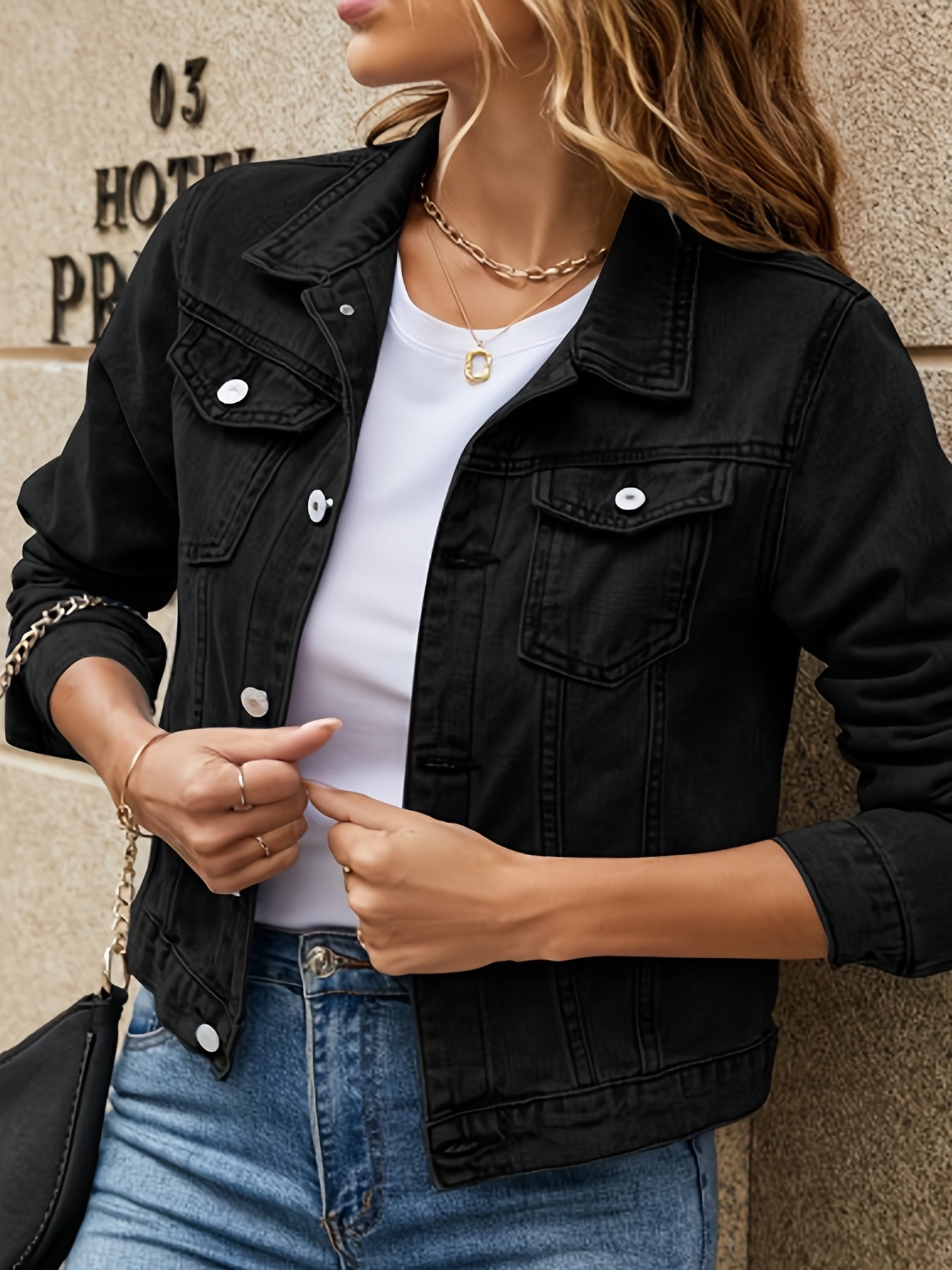 Women'S Autumn Lapel Pocket Single Breasted Cropped Denim Jacket Button Casual Stretch Slim Fit Long Sleeve Jacket