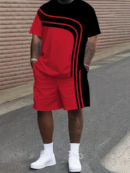 Red and Men's 2pcs Package, Casual Crew Neck Long-sleeved T-shirt and Drawstring Sweatpants, Jogging Pants, Suitable for Summer and Autumn, Men's Clothing, PLUS SIZE