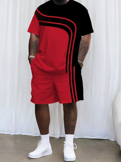 Red and Men's 2pcs Package, Casual Crew Neck Long-sleeved T-shirt and Drawstring Sweatpants, Jogging Pants, Suitable for Summer and Autumn, Men's Clothing, PLUS SIZE