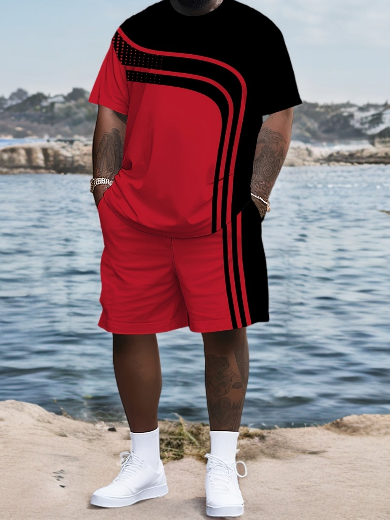 Red and Men's 2pcs Package, Casual Crew Neck Long-sleeved T-shirt and Drawstring Sweatpants, Jogging Pants, Suitable for Summer and Autumn, Men's Clothing, PLUS SIZE