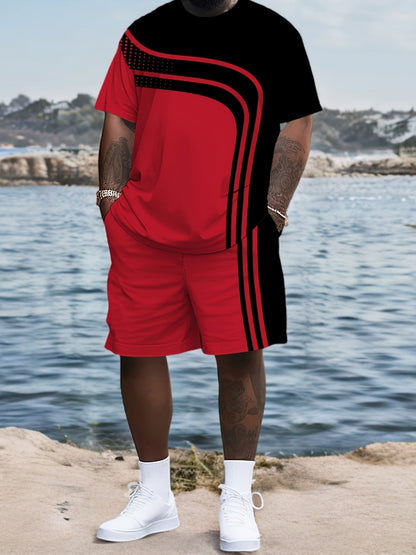 Red and Men's 2pcs Package, Casual Crew Neck Long-sleeved T-shirt and Drawstring Sweatpants, Jogging Pants, Suitable for Summer and Autumn, Men's Clothing, PLUS SIZE
