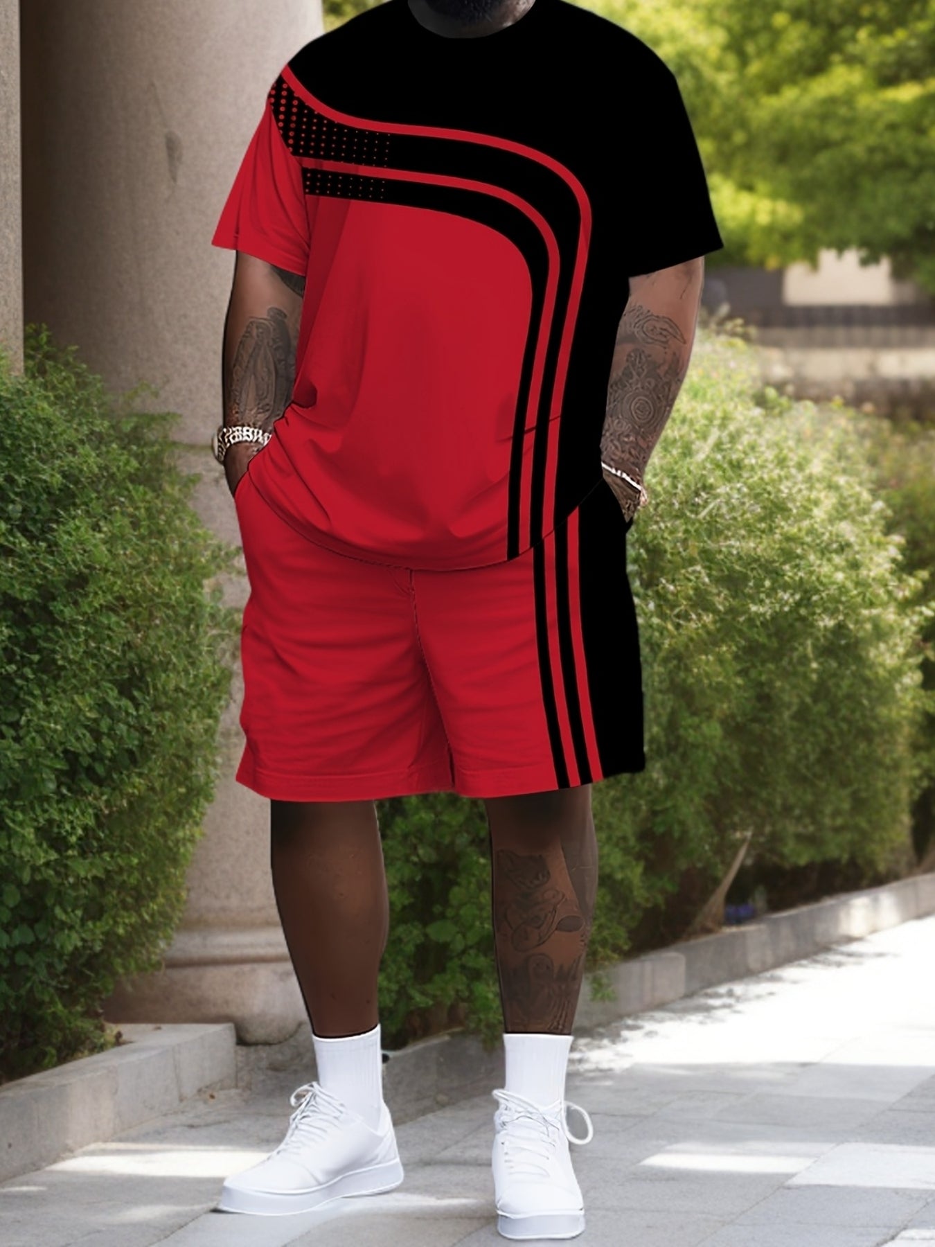 Red and Men's 2pcs Package, Casual Crew Neck Long-sleeved T-shirt and Drawstring Sweatpants, Jogging Pants, Suitable for Summer and Autumn, Men's Clothing, PLUS SIZE
