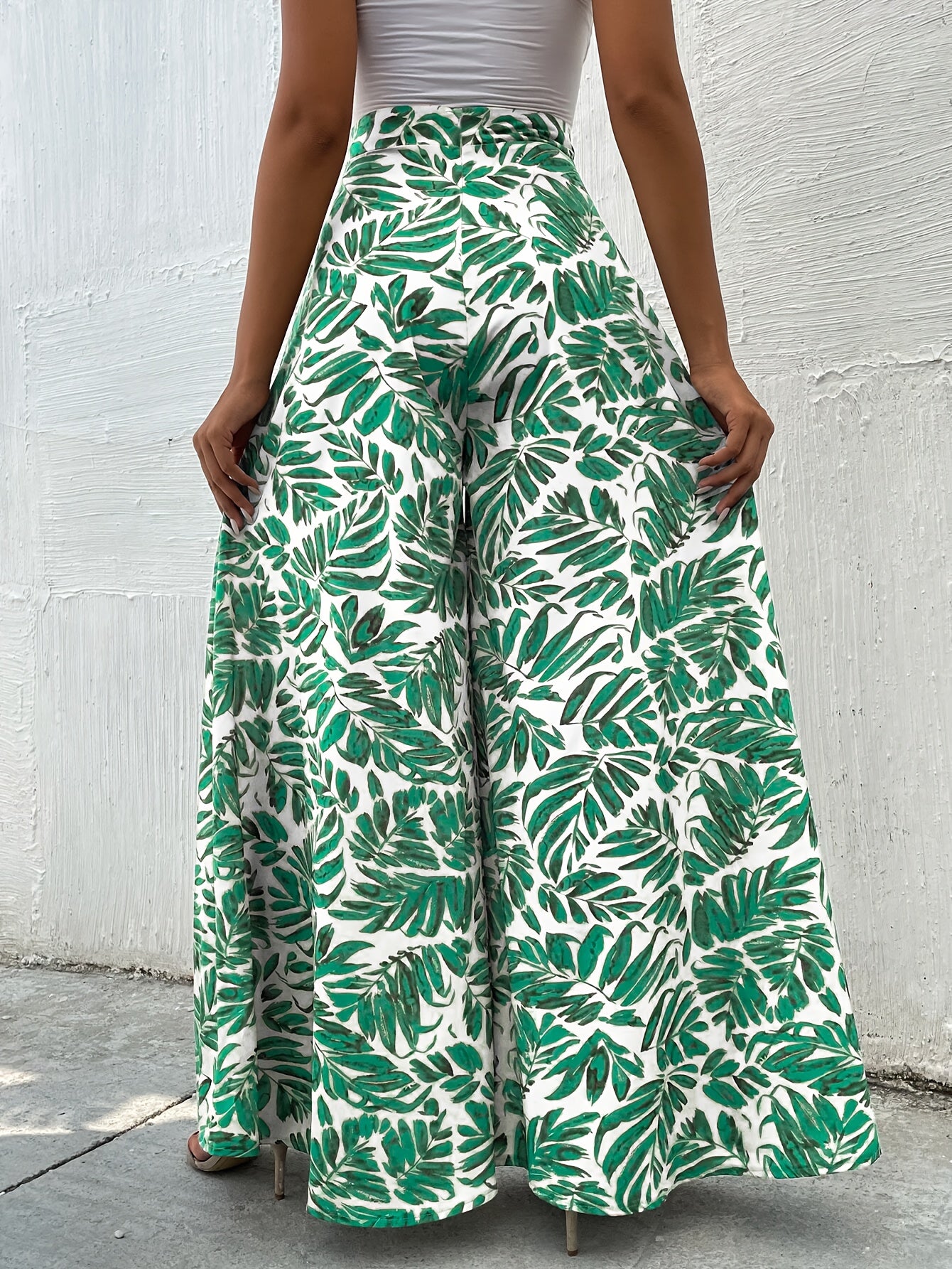 Women's High Waist Leaf Print Wide Leg Palazzo Pants - Super Long Flowy Bohemian Style, Machine Washable Non-Stretch Fabric for Spring & Autumn Casual Wear, Autumn Apparel, Lightweight Design