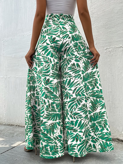 Women's High Waist Leaf Print Wide Leg Palazzo Pants - Super Long Flowy Bohemian Style, Machine Washable Non-Stretch Fabric for Spring & Autumn Casual Wear, Autumn Apparel, Lightweight Design