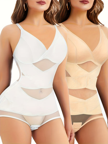 2pcs V Neck Bra Body Shaper Tummy Control Waist Training Full Body Shaping Butt Lifting Panties Jumpsuit Top