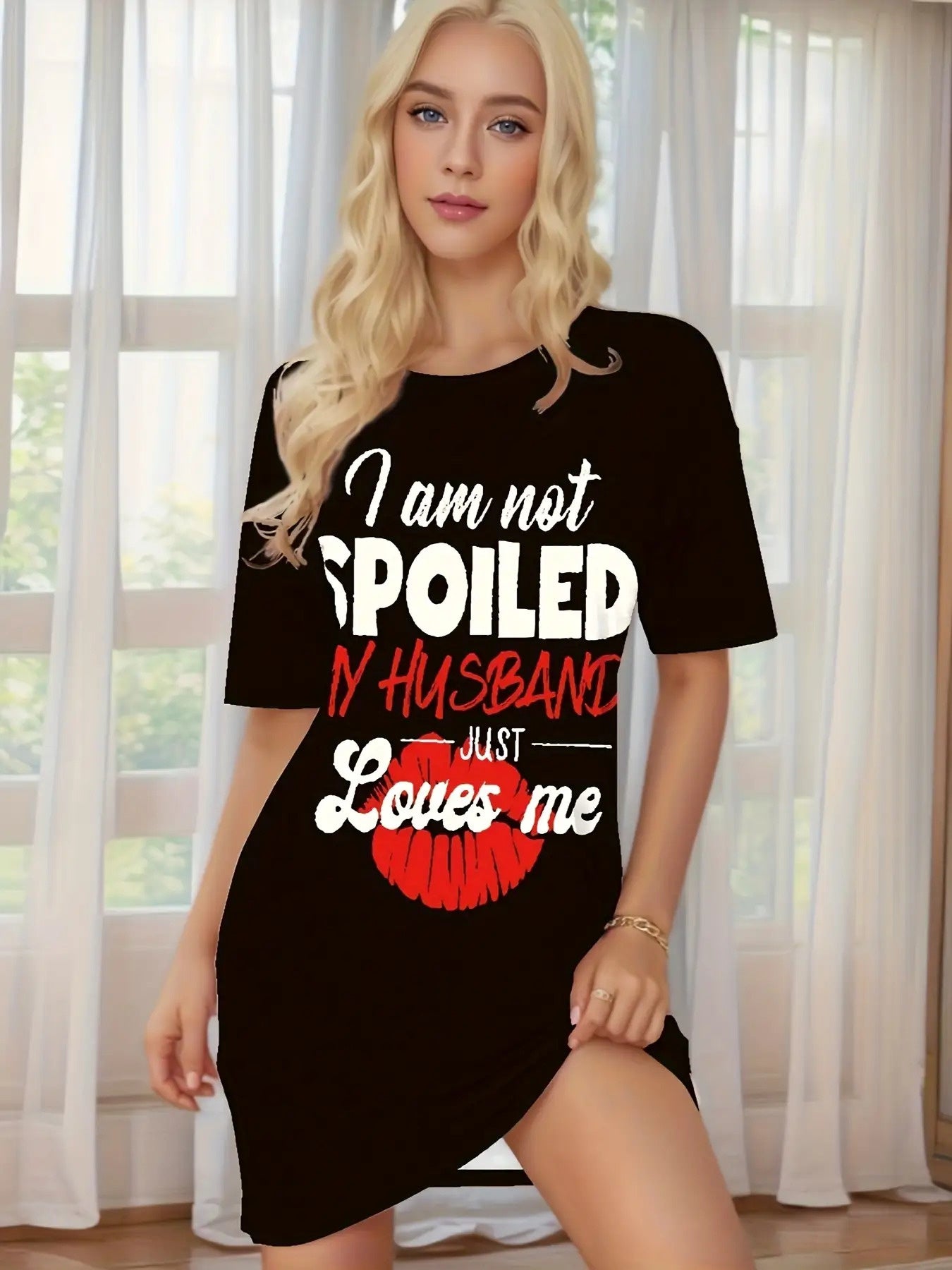 Casual Short-Sleeve Pajamas for Women Featuring The Print "I'M Not Spoiled, Just Loved by My Husband" Along with a Red Lips Pattern. They Are Machine Washable, Suitable for All Seasons, Made from Breathable Fabric