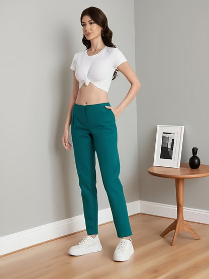 Women Slim Ankle Trousers High Waist Elastic Waistband Office to Casual
