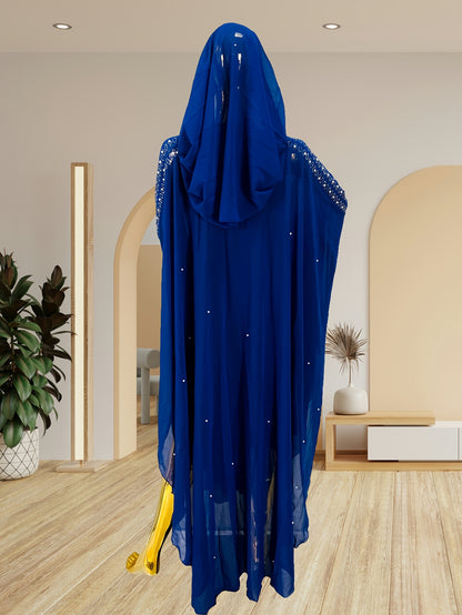 Chic Rhinestone Wrap for Women Featuring Trumpet Sleeves - A Loose-Fitting Long Cape Inspired by Middle Eastern Styles, Adorned with Semi-Sheer Pearls And Crystals, with a Split Hem Perfect for Summer Weddings And Formal Occasions