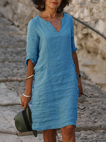 [Stylish Linen Dress] Autumn Linen Dress With A Small V-Neck, Featuring A Stylish And Elegant Look. It Has A Retro, Simple And Solid Color Design, And Comes With Three-Quarter Sleeves