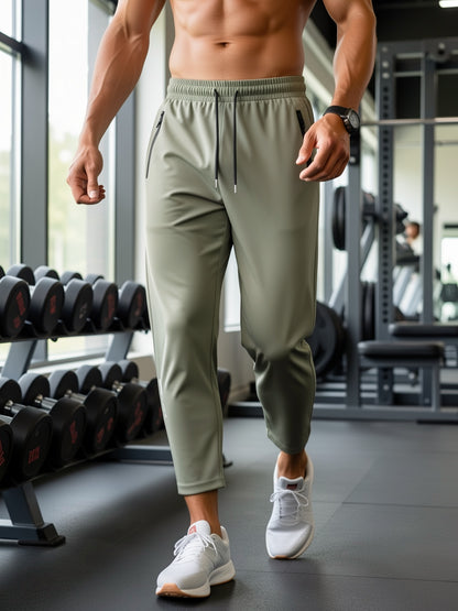 Men's High-Elasticity 7/8 Length Athletic Pants with Drawstring Waist & Zipper Pockets - Moisture-Wicking Workout Joggers for Gym, Running, Casual Wear - 3 Colors (Grey/Green/Black) - Spring Summer Fall Training Pants