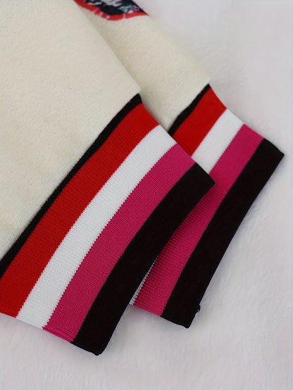Casual Baseball Bomber Coat for Women Featuring a Color Block Design And Letter Print, Complete with Long Sleeves