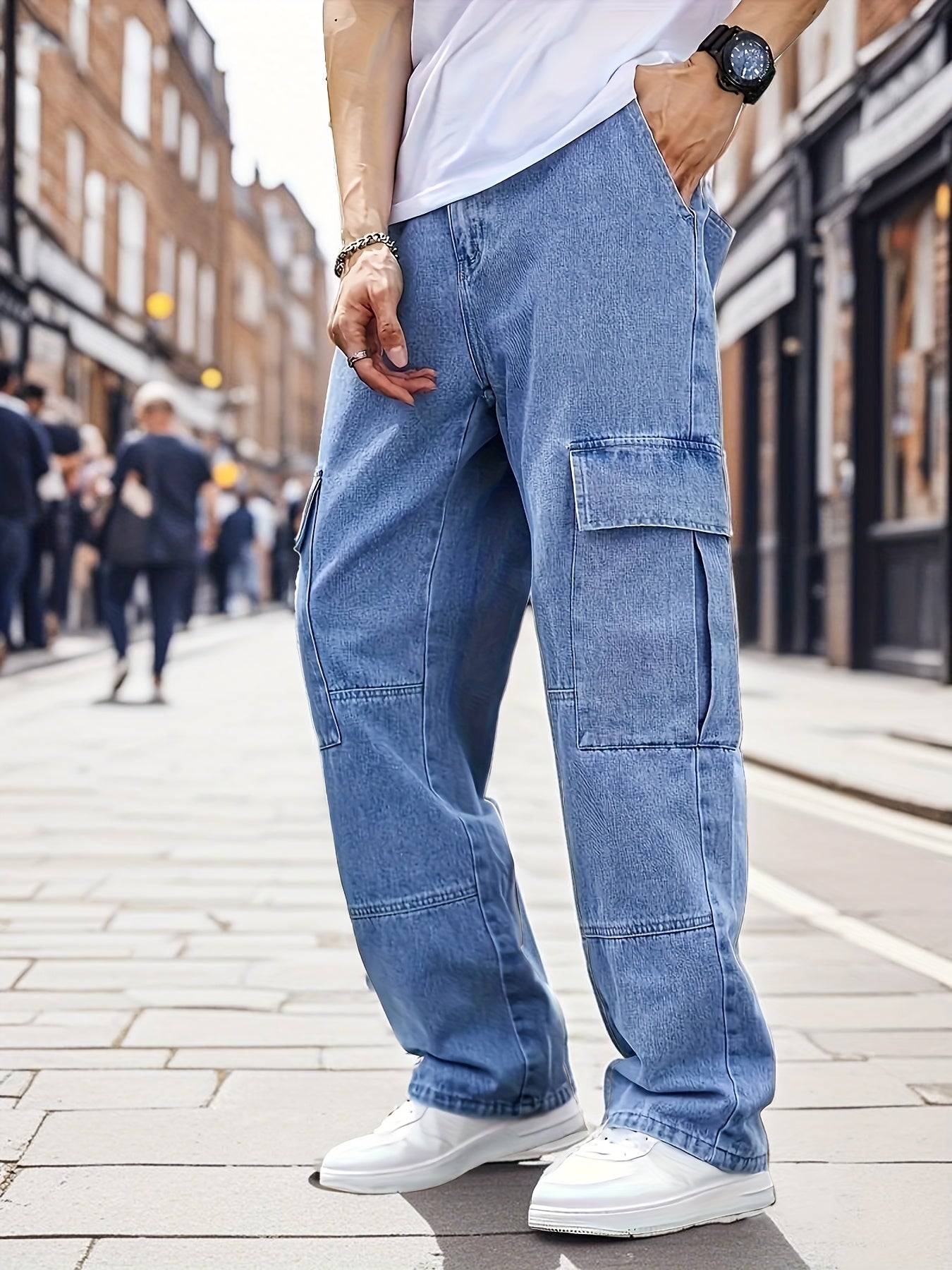 Men's Light Blue Denim Work Pants - Multi-Pocket Wide Leg Trousers Suitable for All- Outdoor Wear, Loose Fit High Street Style with Built-In Zipper Closure, Machine Washable Blended Denim for Casual & Work Pants
