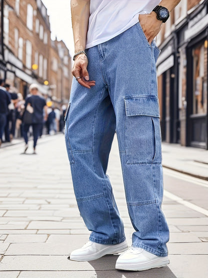 Men's Light Blue Denim Work Pants - Multi-Pocket Wide Leg Trousers Suitable for All- Outdoor Wear, Loose Fit High Street Style with Built-In Zipper Closure, Machine Washable Blended Denim for Casual & Work Pants