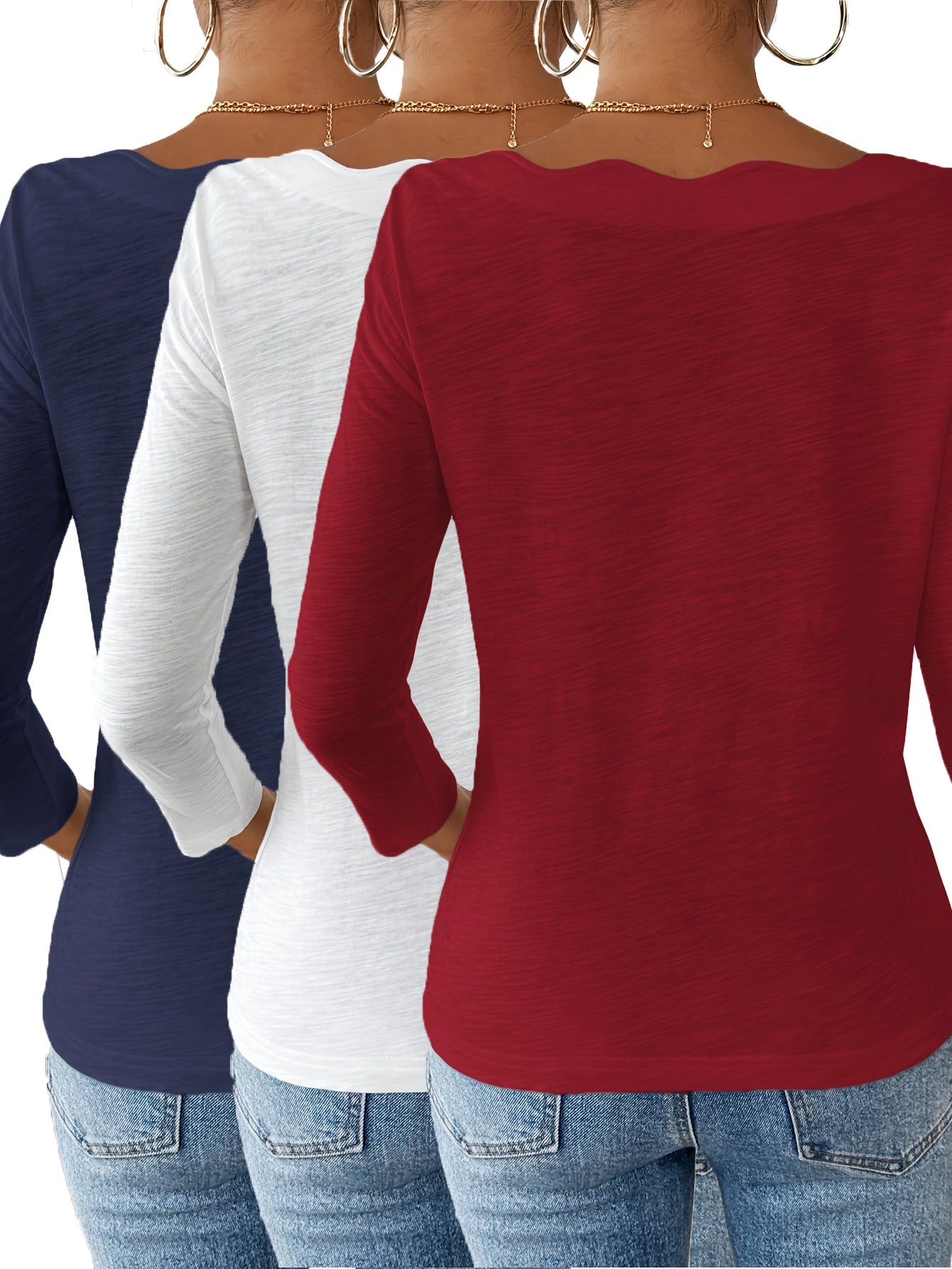 Elegant 3pcs Women'S White Long Sleeve T-Shirts with Curved Wavy Neckline - Casual & Comfy, Perfect for Spring, Summer, Fall & Halloween, Loose Fit, Shoulderless Tops