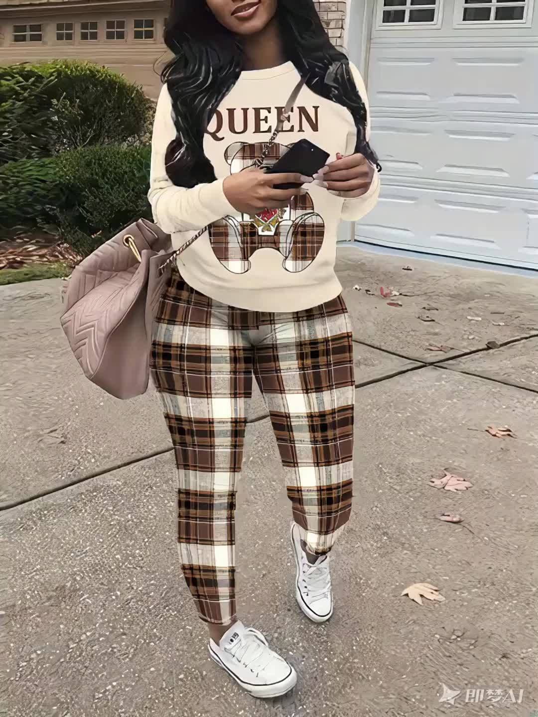 Women's Casual Round Neck Long Sleeves Queen Letter Bear Print Sweatshirt And Plaid Skinny Pants Set Spring Fall And Winter
