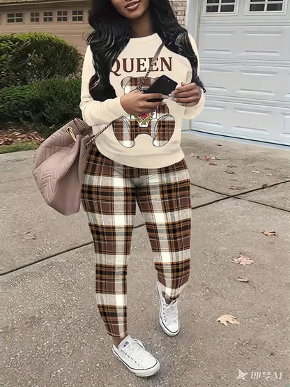 Women's Casual Round Neck Long Sleeves Queen Letter Bear Print Sweatshirt And Plaid Skinny Pants Set Spring Fall And Winter