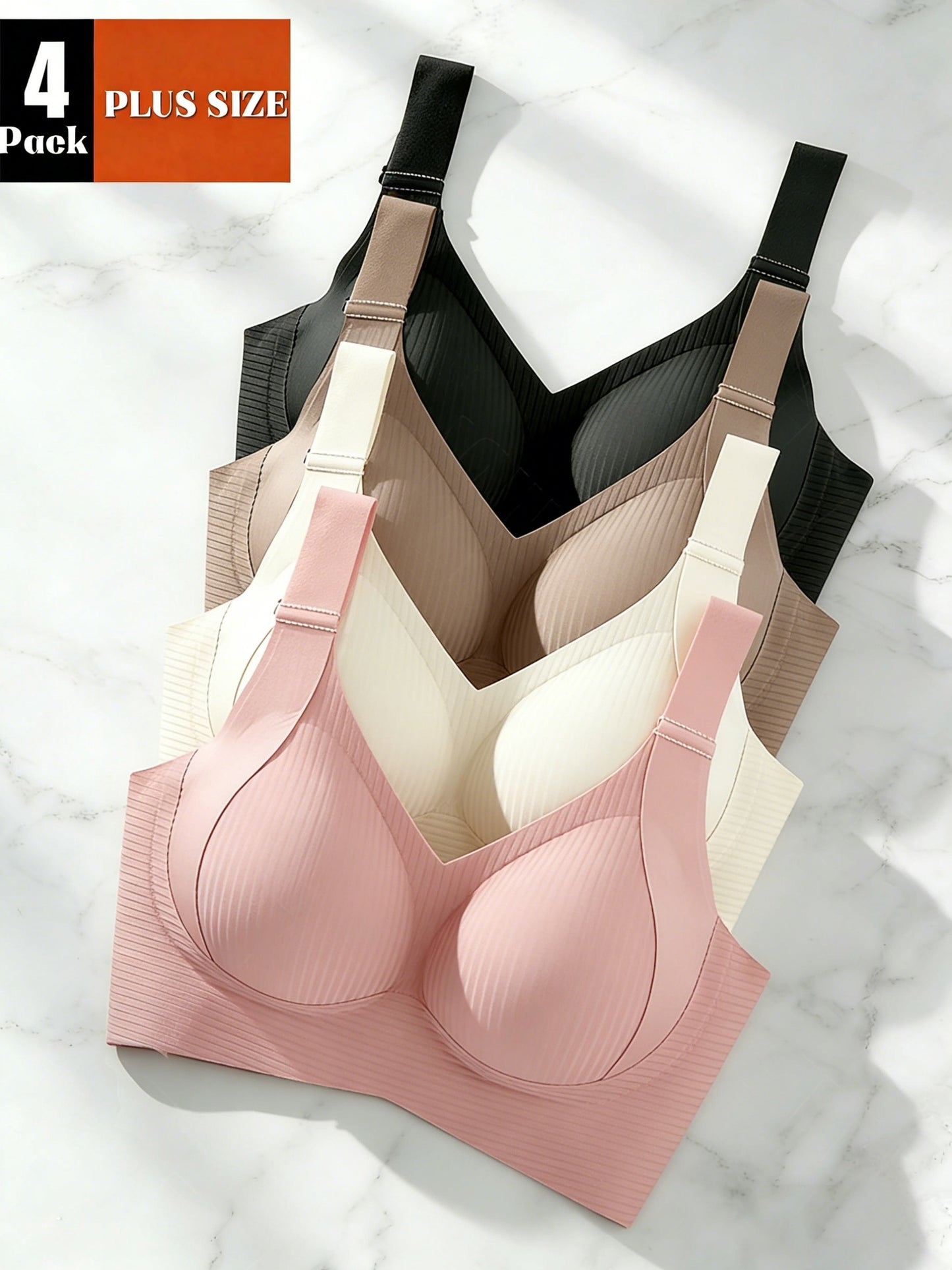 4pcs Women's Full-Cup Plus-Size Wire-Free Bras - High-Support Push-Up Lift & Shaping, Adjustable Wide Straps, Seamless Non-Detachable Cups, Soft Breathable Suitable for Mature Ladies, Elegant Collection, Machine Washable for Daily Wear