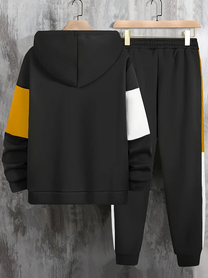 Men'S Clothing, Contrasting Long-Sleeve Zip-Up Hooded Jacket And Drawstring Pants Two-Piece Set for The Outdoors