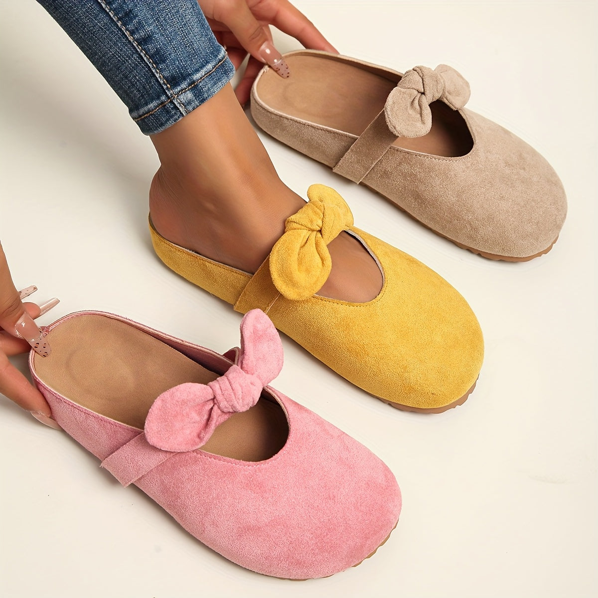 [Slip-On Mules Bow Detail] Women's Slip-On Mules with Thick Cushioned Soles And Bow Detail - Soft Fabric Upper, Breathable PU Lining, Sole - All-Season Comfort for Casual And Formal Wear (Beige/Yellow/Pink) - Extended Sizes Available, Mule Shoes, Comforta