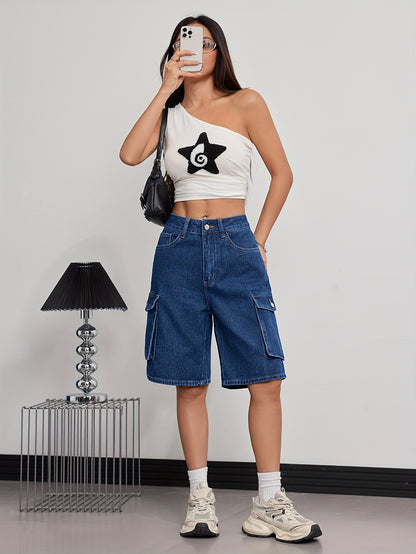 Women'S Casual Denim Cargo Shorts with Flap Pockets - High-Waist, Non-Stretch, Solid Color, Machine Washable, Rayon Blend, Perfect for Spring/Fall