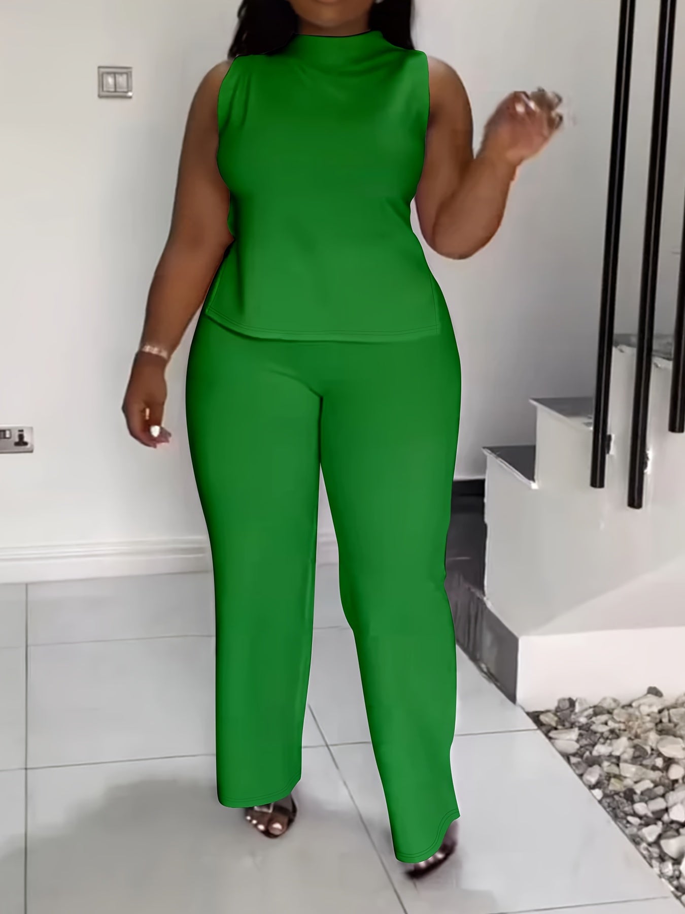Women's Green Polyester Sleeveless Wide-Leg Pants - product view 13