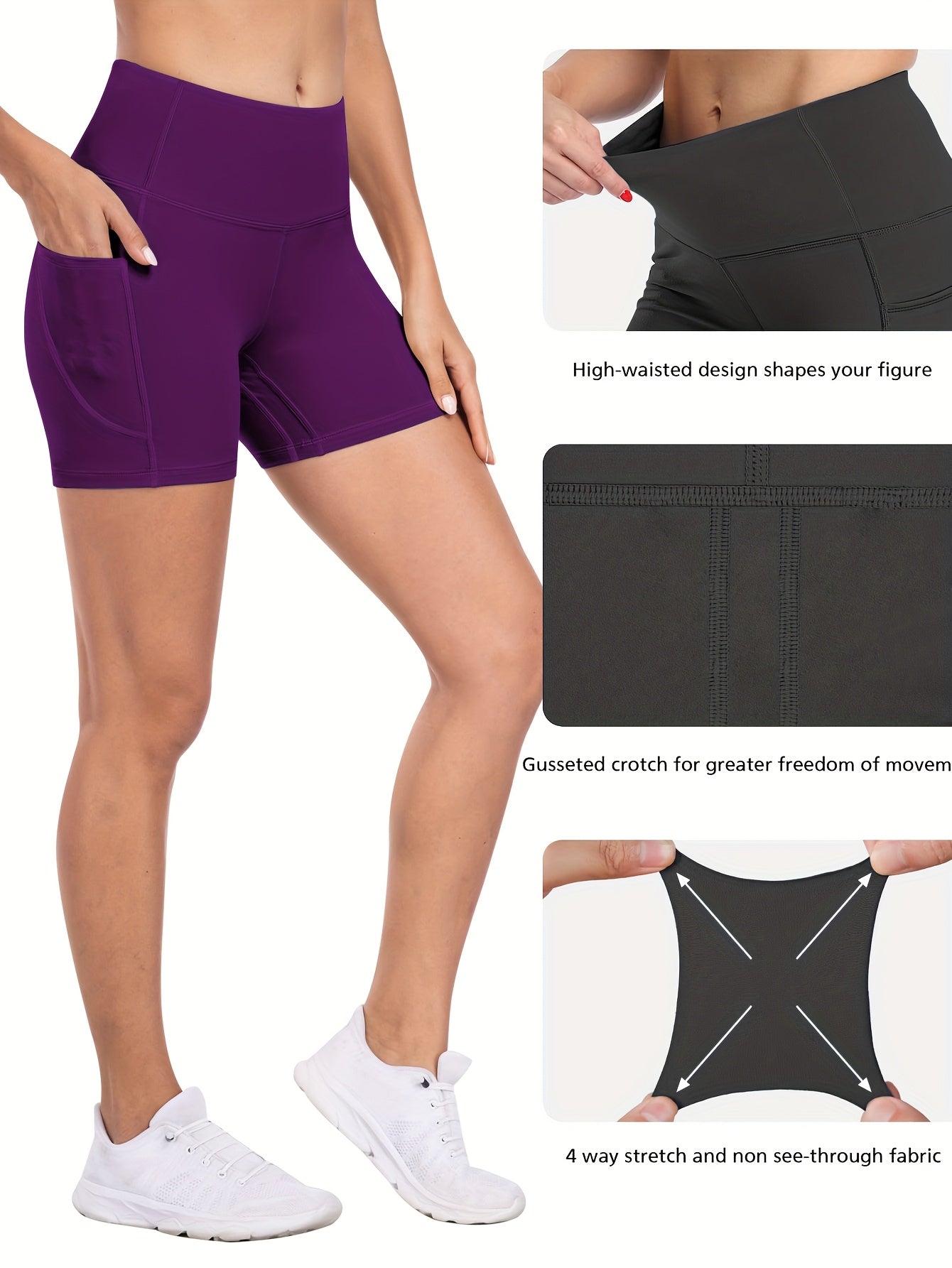 6-pack Plus Size Women'S Sports Shorts High Waist Hip Lifting Yoga Shorts With Pocket Three-quarter Pants Gym Running Exercise Fitness Shorts