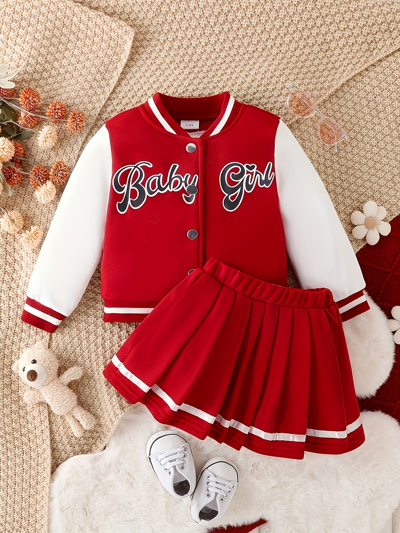 Preppy Style Girls 2pcs GIRL Print Baseball Jacket + Pleated Skirt Set For Party Sports Gift, for Outdoor