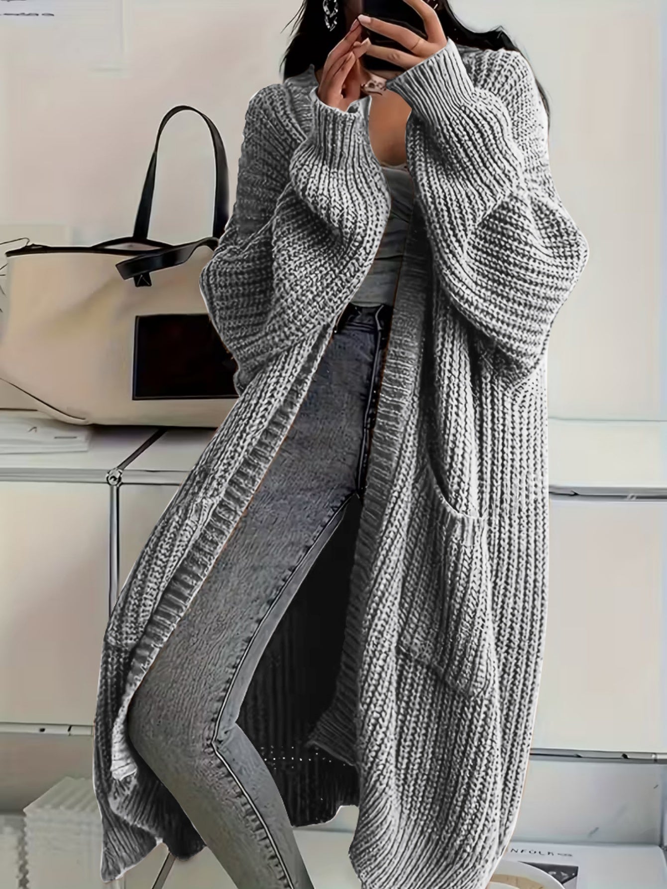 Plus Size, Solid Color Plus-Size Women's Long Pocket Cardigan Loose Over-the-Knee Sweater Coat Fashion Versatile Outerwear