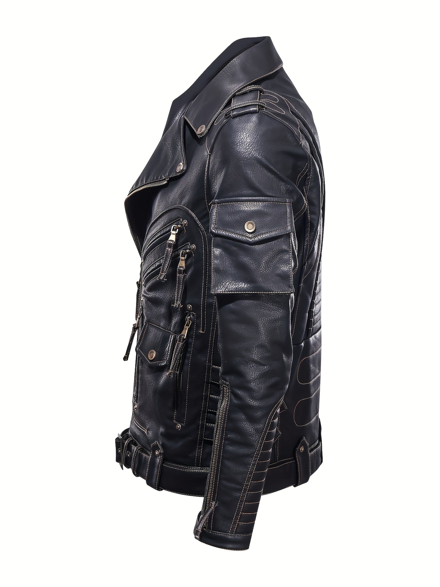 Men's Classic Black Motorcycle Biker Jacket - Multi Zipper Pockets, Adjustable Belt, Vintage Streetwear, Stylish Outerwear for Riding, Travel, Parties, Everyday Urban Look, Gift Idea
