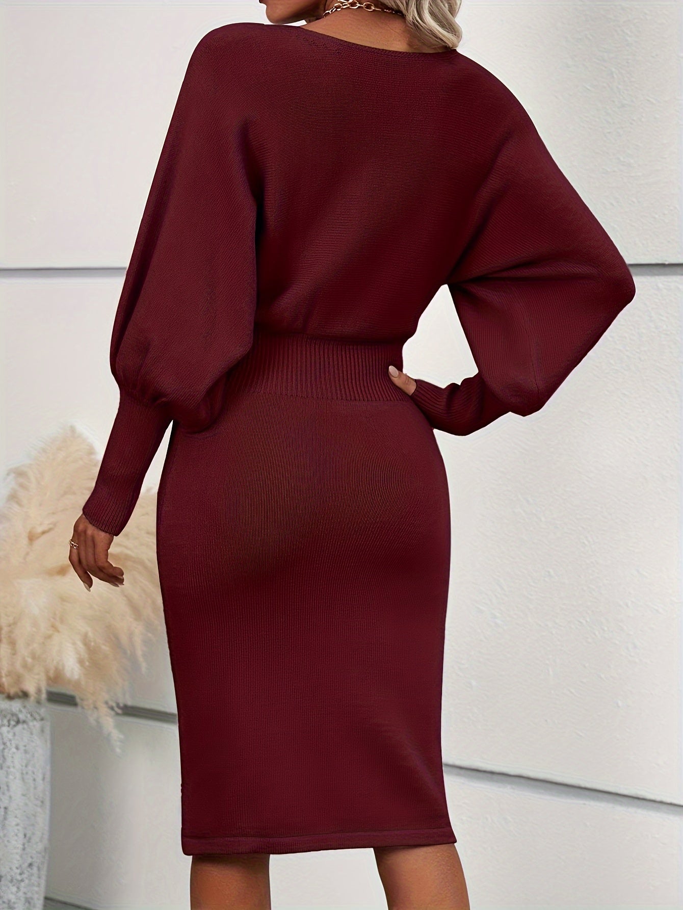 Autumn And Winter Solid Color Lantern Sleeve Waist Sweater Dress