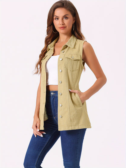 Women'S Denim Vest Sleeveless Button Waistcoat Casual Long Jean Vests
