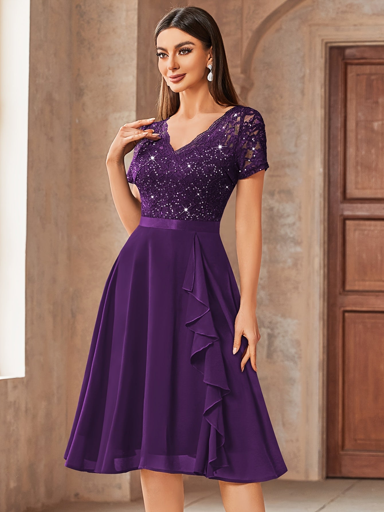 24224 Elegant Womens Sequin Lace Chiffon A Line Bridesmaid Dress, V Neck Short Sleeves, Ruched Ruffle Hem, Perfect for Graduation Season, Wedding Season, Summer Wedding Guest, Evening Party, Cruise Party And Birthday Celebration