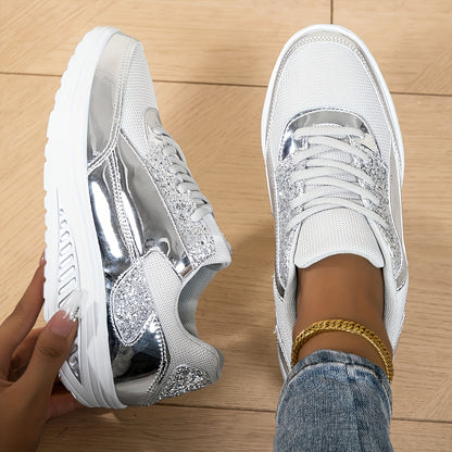 Women's Fashionable Sports Shoes with Shiny Summer Mesh, Breathable Lace-up, Women's Casual Shoes with Thick Soles, Height-increasing Dance Soles, Sequin, Lightweight Soft Soles, Low-top, Large-sized Walking Shoes, Women Shoes, Sneakers