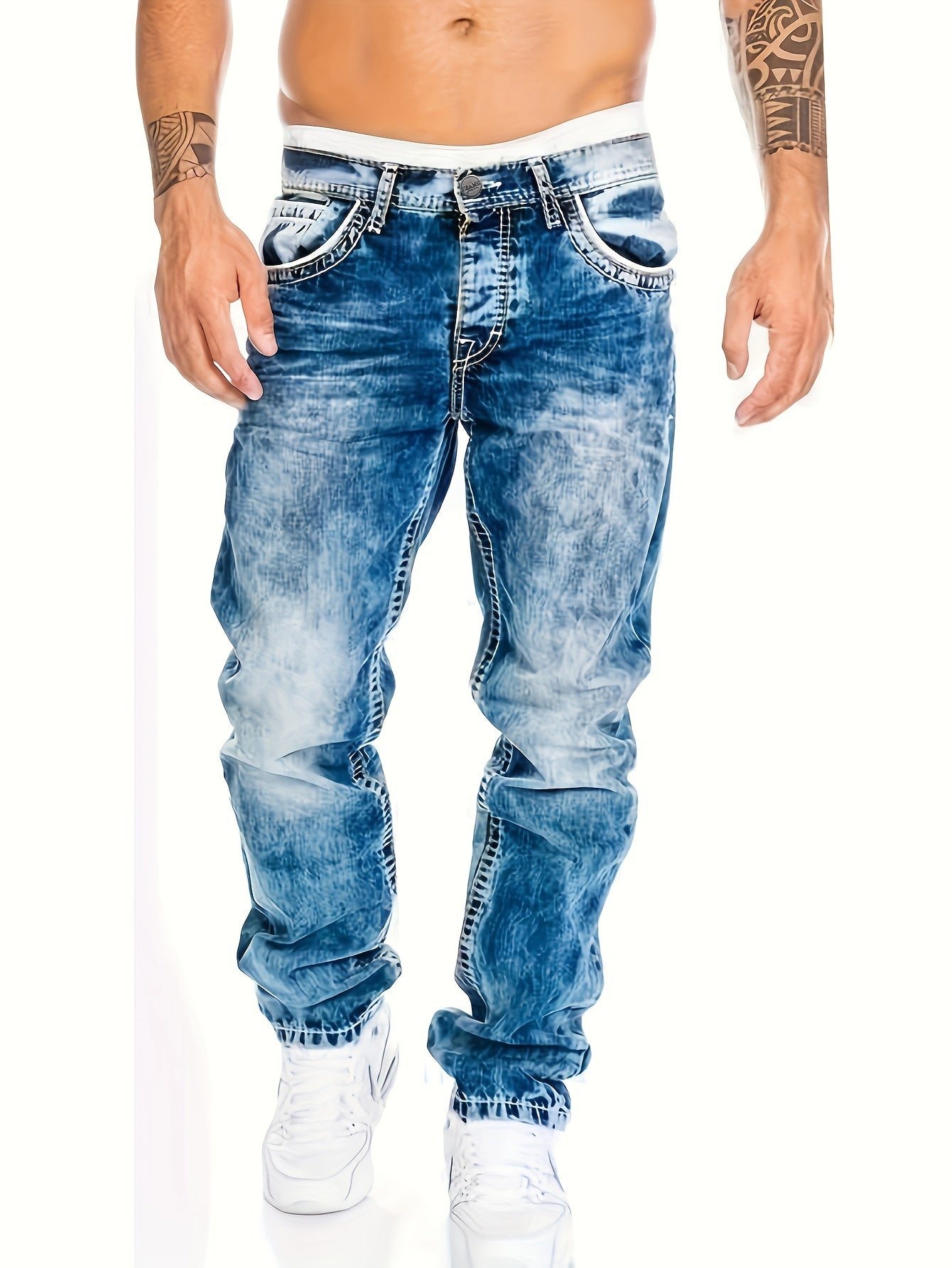 Men's Slim-Fit Straight-Leg Distressed American Snowflake Jeans - Vintage Wash Blue Denim Pants with Snowflake Pattern, Streetwear Style All-Season Casual Wear, Durable Fabric & Hand Washable